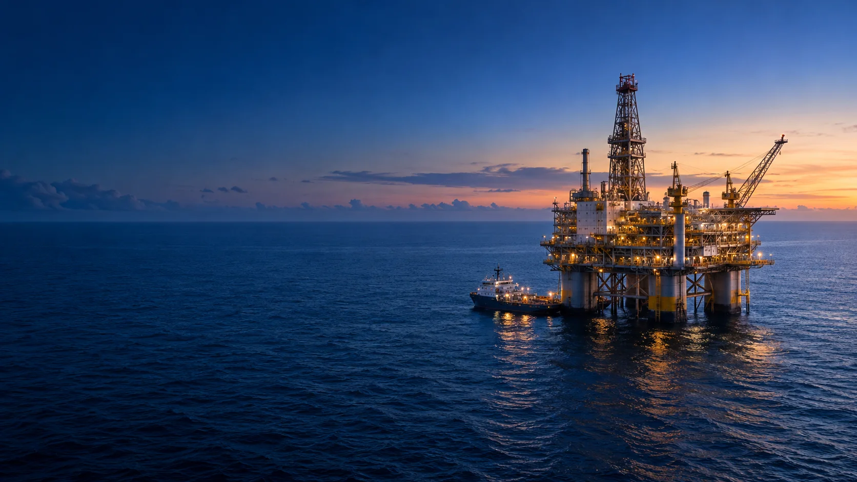 Illustrative offshore production platform over a deep blue sea at dawn; not a PatLoc-owned facility