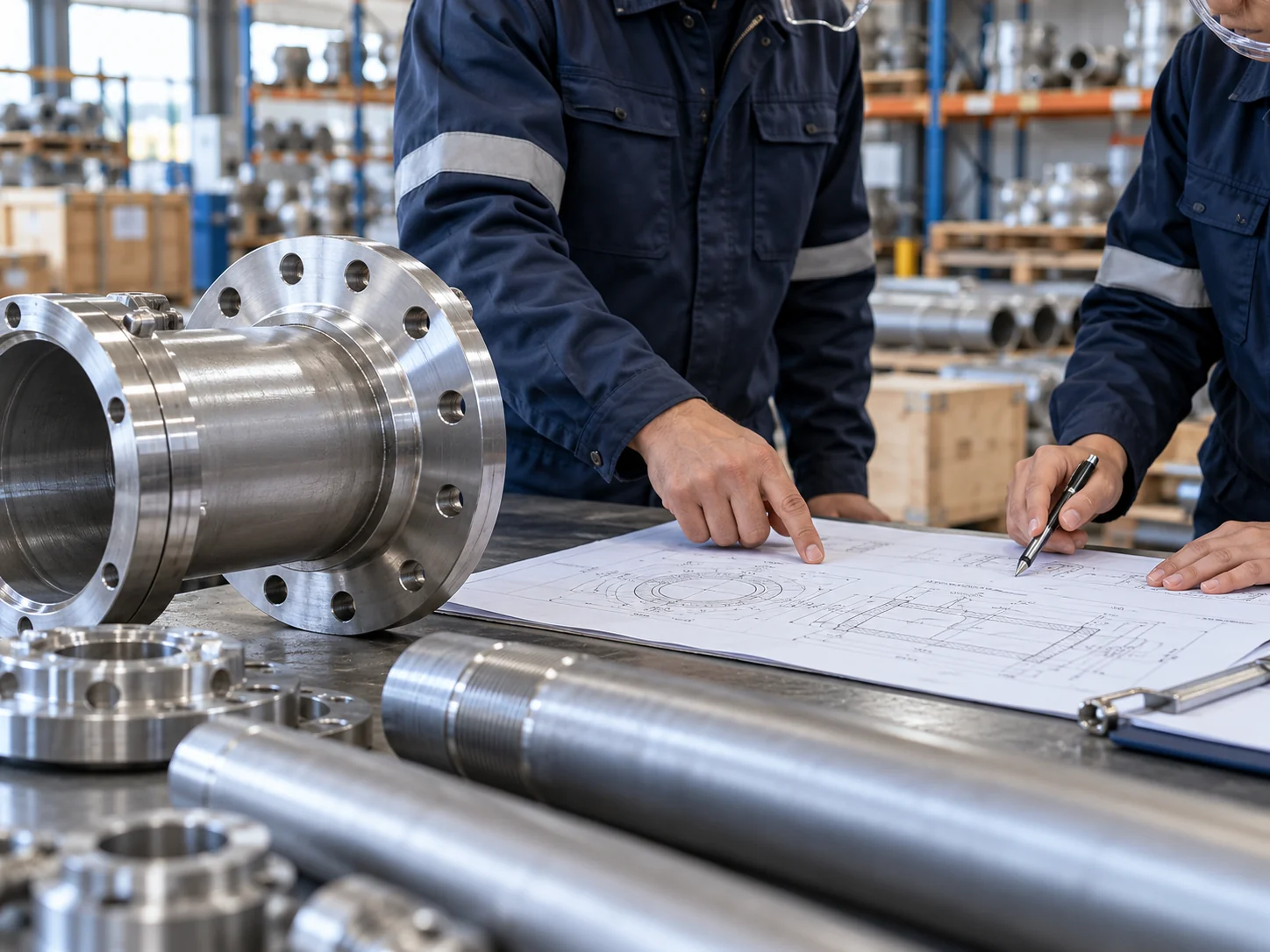 Illustrative technical review of industrial components and engineering drawings in a supply warehouse